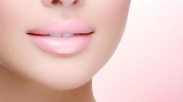 en närbild av en kvinnas mun i mjuk rosa. foto