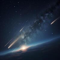 meteor dusch belysande de skymning himmel i djup Plats foto
