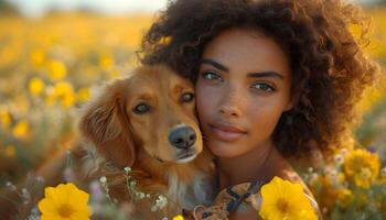 skön flicka med söt hund i blomning sommar äng. foto