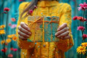 färgrik handmålad gåva lådor bunden med orange band hölls i händer med blommig bakgrund foto
