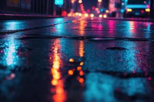 en våt gata på natt med neon lampor foto