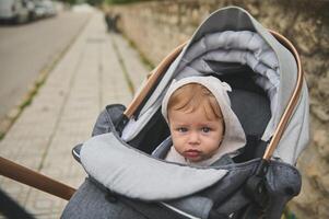 porträtt av ett förtjusande europeisk bebis pojke med huva på hans huvud, ser på de kamera, Sammanträde i en bebis pråm utomhus foto