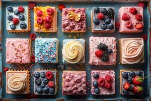 frestande array av matt kakor med bär och glasyr på en texturerad blå yta foto