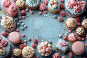festlig muffin och konfekt sortiment med elegant dekorationer och strössel foto
