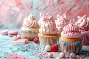 festlig muffins med rosa och blå glasyr, dekorativ pilbågar, och strössel på konstnärlig stänk bakgrund foto