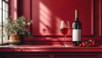 en flaska av vin med falsk upp märka och en glas av vin sitta på en tabell foto