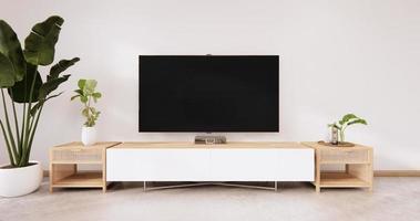 trä tv-skåpet i vit vägg på vitt golv rum japansk stil. 3d-rendering