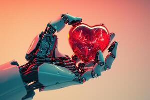 en robot hand innehav en lysande röd hjärta foto