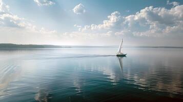 segelbåt drivande lat på lugna sjö, dess segel böljande i de mild sommar bris foto