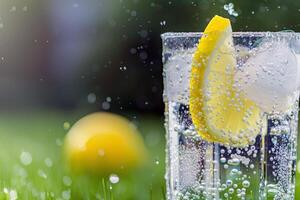 uppfriskande glas av citronsaft, kondensation blänkande i de sommar värme foto