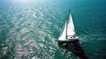 segelbåt glidande tvärs över gnistrande blå vattnen, drivs förbi mild sommar bris foto
