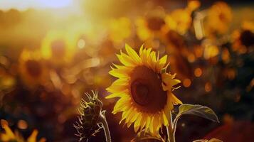 solros fält stretching som långt som de öga se, gyllene seof kronblad svängande i de sommar bris foto