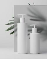 vit design av naturlig kosmetisk kräm, serum, tom flaska för hudvårdsförpackning med bladört, bioorganisk produkt. skönhet och spa koncept. 3d illustration. foto