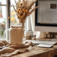 en frukt smoothie på en arbete tabell i en boho-stil kontor foto