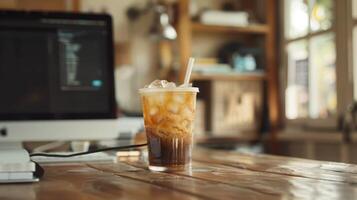 en frappe kaffe på en arbete tabell i en boho-stil kontor foto