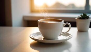 morgon- kaffe. en vit kopp fylld med ångande kaffe vilar på en rena vit tabell, gjutning en subtil skugga. skapande en lugn morgon- scen. foto
