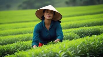 vietnamese kvinna samlar te löv in i korg på plantage. plantage arbetstagare. foto