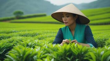 vietnamese kvinna samlar te löv in i korg på plantage. plantage arbetstagare. foto