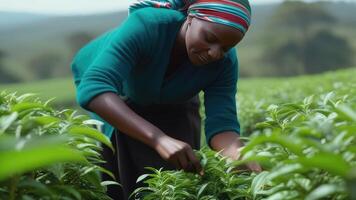 kenyan kvinna samlar te löv in i korg på plantage. plantage arbetstagare. foto