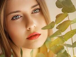 skönhet, smink och frisyr, ansikte porträtt av skön kvinna med grön löv gren, röd läppstift smink för hudvård kosmetika och mode se foto
