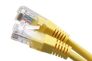gul nätverk kablar med gjuten rj45 plugg isolerat på vit bakgrund foto