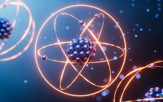 fysik atom med mörk blå bakgrund, 3d tolkning. foto