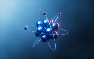 fysik atom med mörk blå bakgrund, 3d tolkning. foto