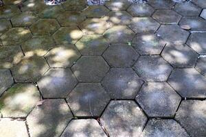 utomhus- betong stenläggning golv med en sexhörning form, fylld med mossa, med en liten grus bredvid den foto
