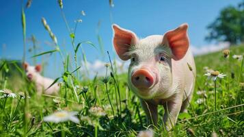 en små rolig gris är löpning i en blomma äng på en solig vår dag. jordbruk, boskap begrepp foto