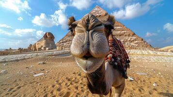 rolig kamel poser i främre av en historisk landmärke, ett av de sju undrar av de värld - de egyptisk pyramider i giza och de sfinx. turer och turism foto