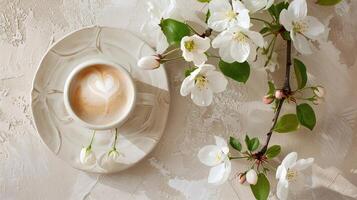 cappuccino kopp med vit gren av körsbär blommar på de tabell foto