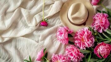 Linné bordsduk med rosa pioner blommor, hatt. topp se, platt lägga foto