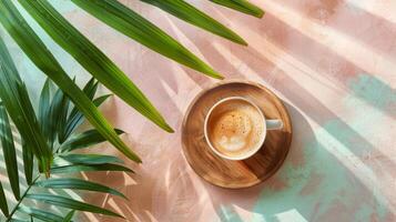 cappuccino kaffe på de trä tallrik och tropisk löv, sommar bakgrund foto