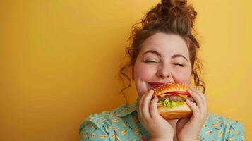 en kvinna äter en hamburgare, ohälsosam mat, isolerat bakgrund foto