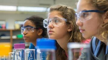 en grupp av flickor ledande experiment i en laboratorium, Allt bär skyddande glasögon och arbetssätt tillsammans på en projekt. foto