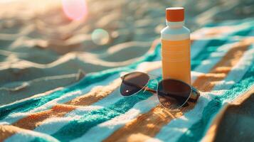 en flaska av Solskydd och en par av solglasögon placerad på en färgrik handduk på de sandig strand. foto