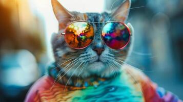 en katt ser Häftigt i solglasögon och en t-shirt, tillsats en roligt och modern Rör till dess utseende. foto