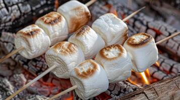 grillad marshmallows på grillspett över en lägereld. foto