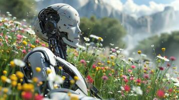 robot android i färgrik äng omgiven förbi blommor och berg, representerar harmoni mellan natur och teknologi foto