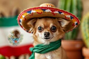 förtjusande chihuahua hund fira cinco de mayo med sombrero och mexikansk flagga foto