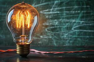 lysande edison ljus Glödlampa och grön svarta tavlan. begrepp av innovation, idéer och inspiration foto