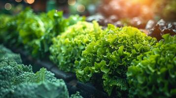 färsk grön sallad löv växande i vegetabiliska trädgård med naturlig solljus. begrepp av friska organisk jordbruk, näring och hållbar lantbruk foto