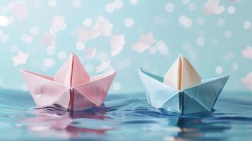 origami papper båtar segling på lugn vattnen med bokeh bakgrund. begrepp av fantasi, äventyr, drömmar, och lugn foto