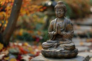 buddha staty mediterar i höst trädgård med färgrik lövverk bakgrund. begrepp av fred, zen, och andlighet foto