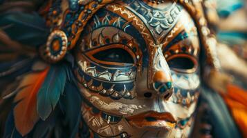invecklad aztec skalle mask med fjädrar, vibrerande färger och mönster, symboliserar mexikansk dag av de död- tradition foto
