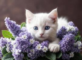 vit kattunge med blå ögon och lila blommor på en brun bakgrund foto