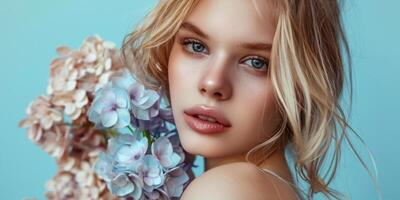 kvinna modell Framställ med blå hortensia blommor mode porträtt, ai foto