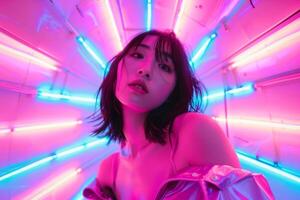 ett asiatisk flicka i ljus kläder poser för de kamera i en neon rum. atmosfär parter foto