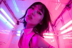 ett asiatisk flicka i ljus kläder poser för de kamera i en neon rum. atmosfär parter foto