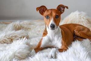 en basenji hund lögner på en fluffig ljus matta i en ljus rum foto